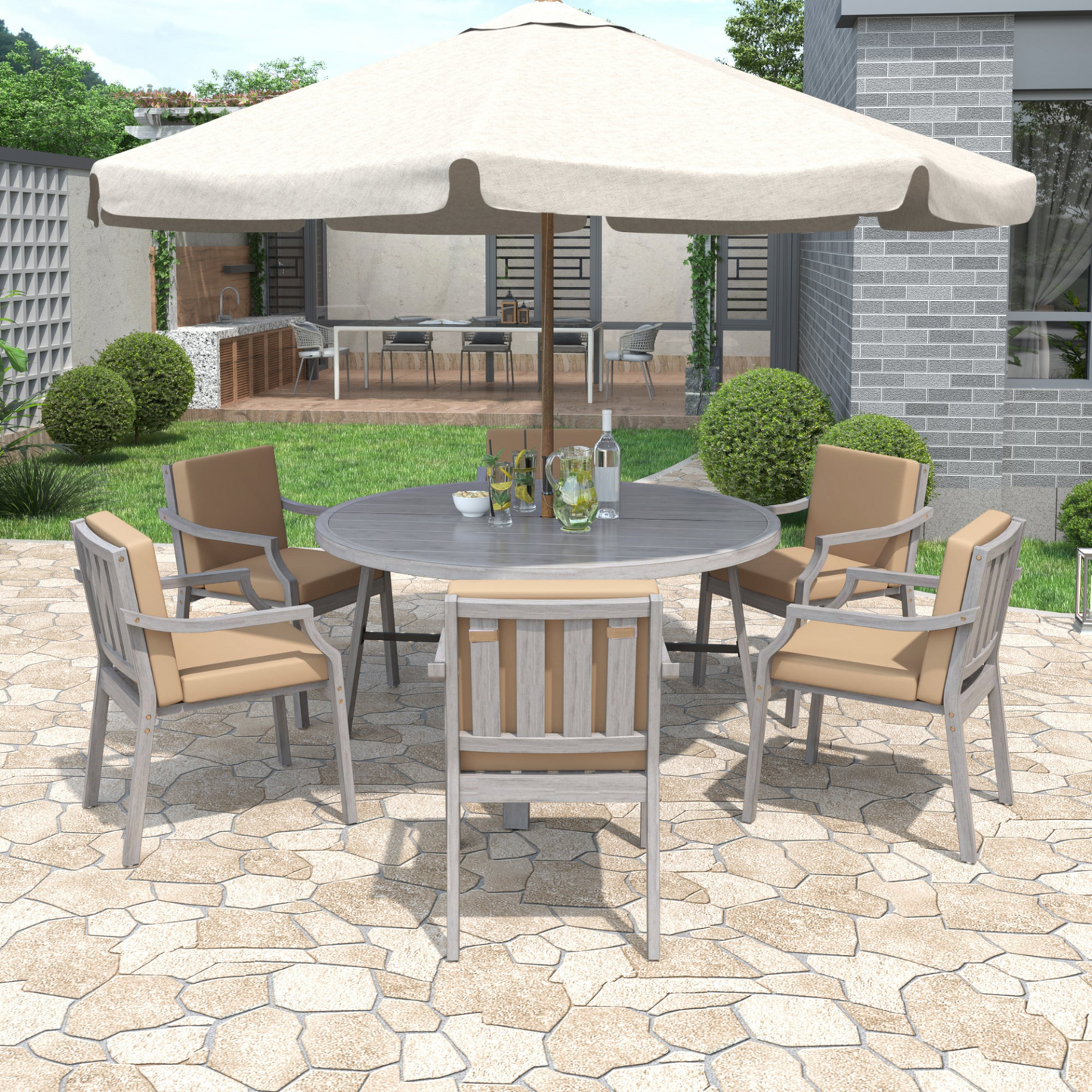 Outdoor Dinning Set 6-Person Outdoor Wooden Dinning Set with an Umbrella Hole and Removable Cushions, Antique Gray