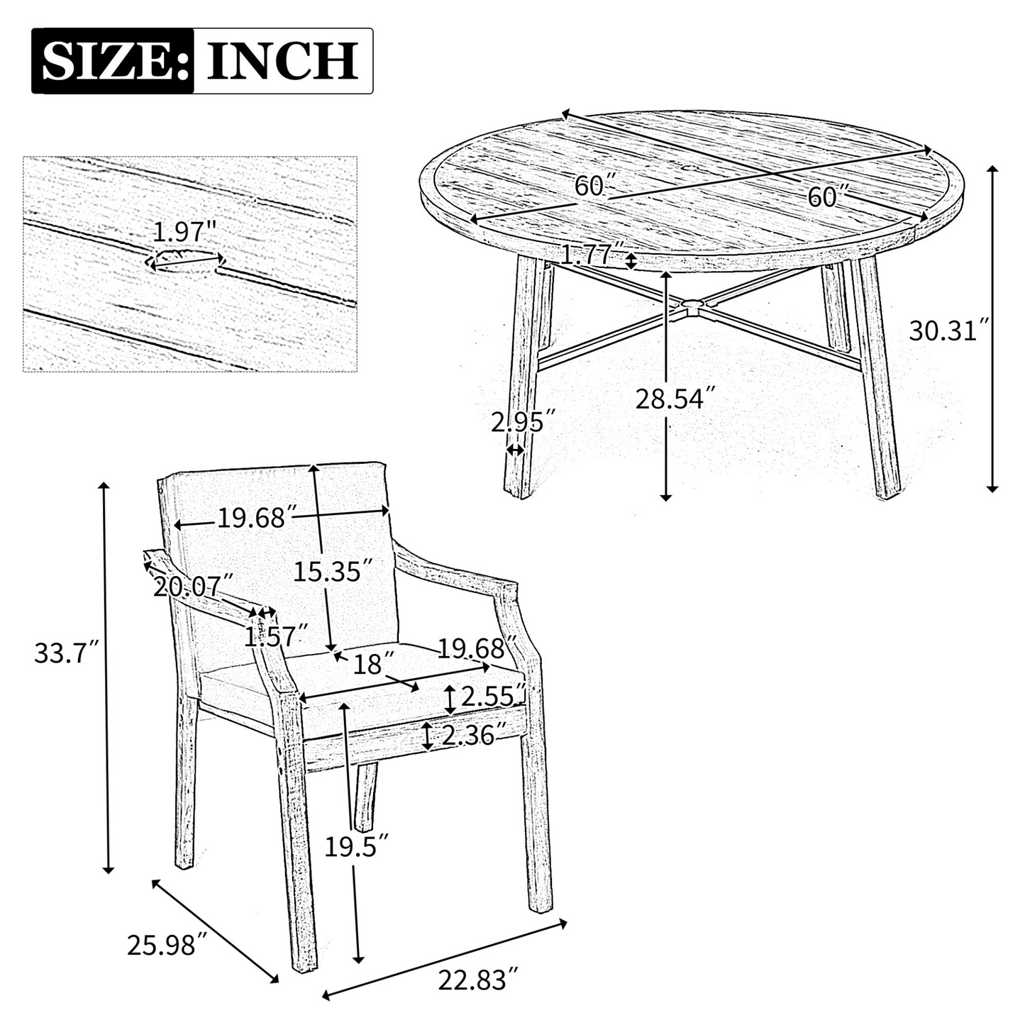 Outdoor Dinning Set 6-Person Outdoor Wooden Dinning Set with an Umbrella Hole and Removable Cushions, Antique Gray