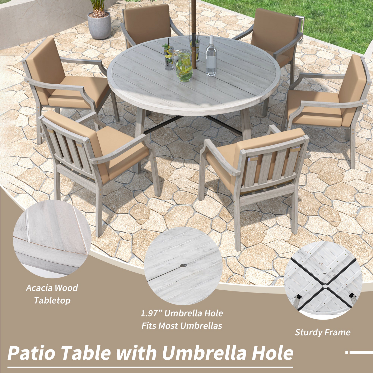 Outdoor Dinning Set 6-Person Outdoor Wooden Dinning Set with an Umbrella Hole and Removable Cushions, Antique Gray
