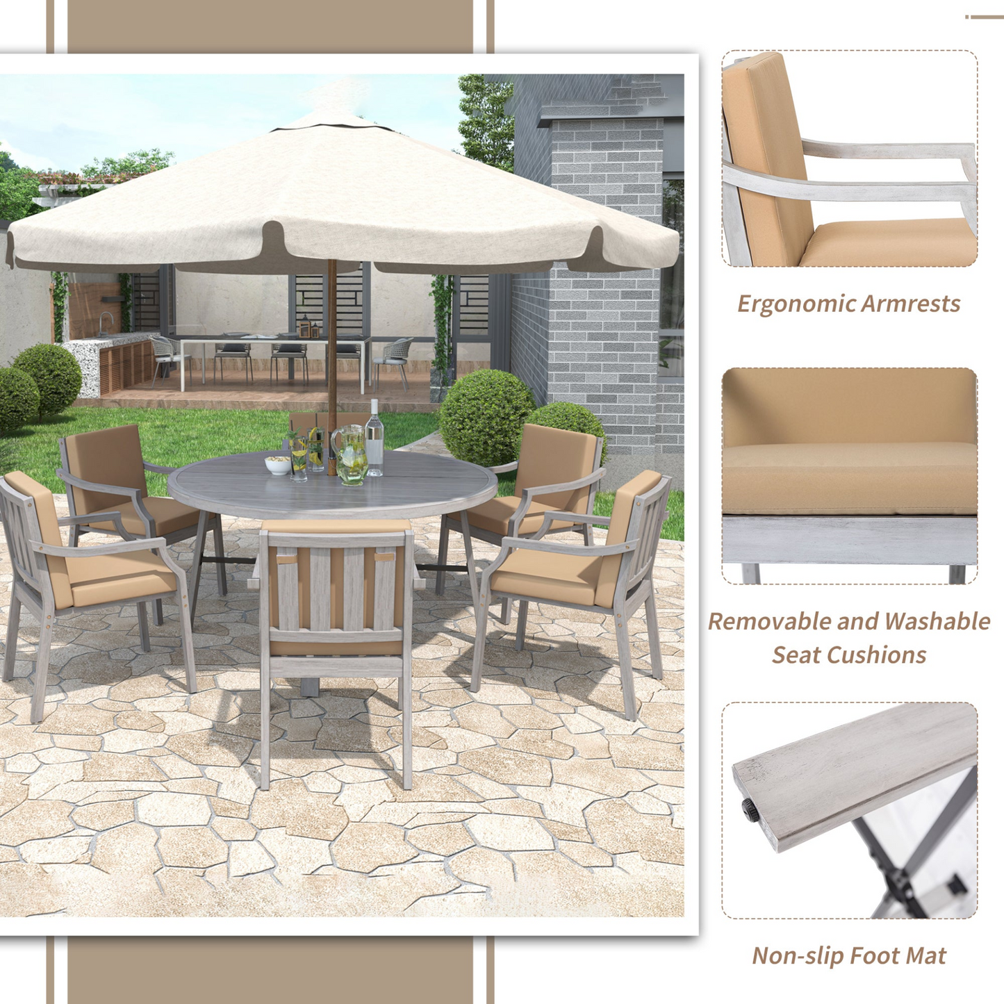Outdoor Dinning Set 6-Person Outdoor Wooden Dinning Set with an Umbrella Hole and Removable Cushions, Antique Gray
