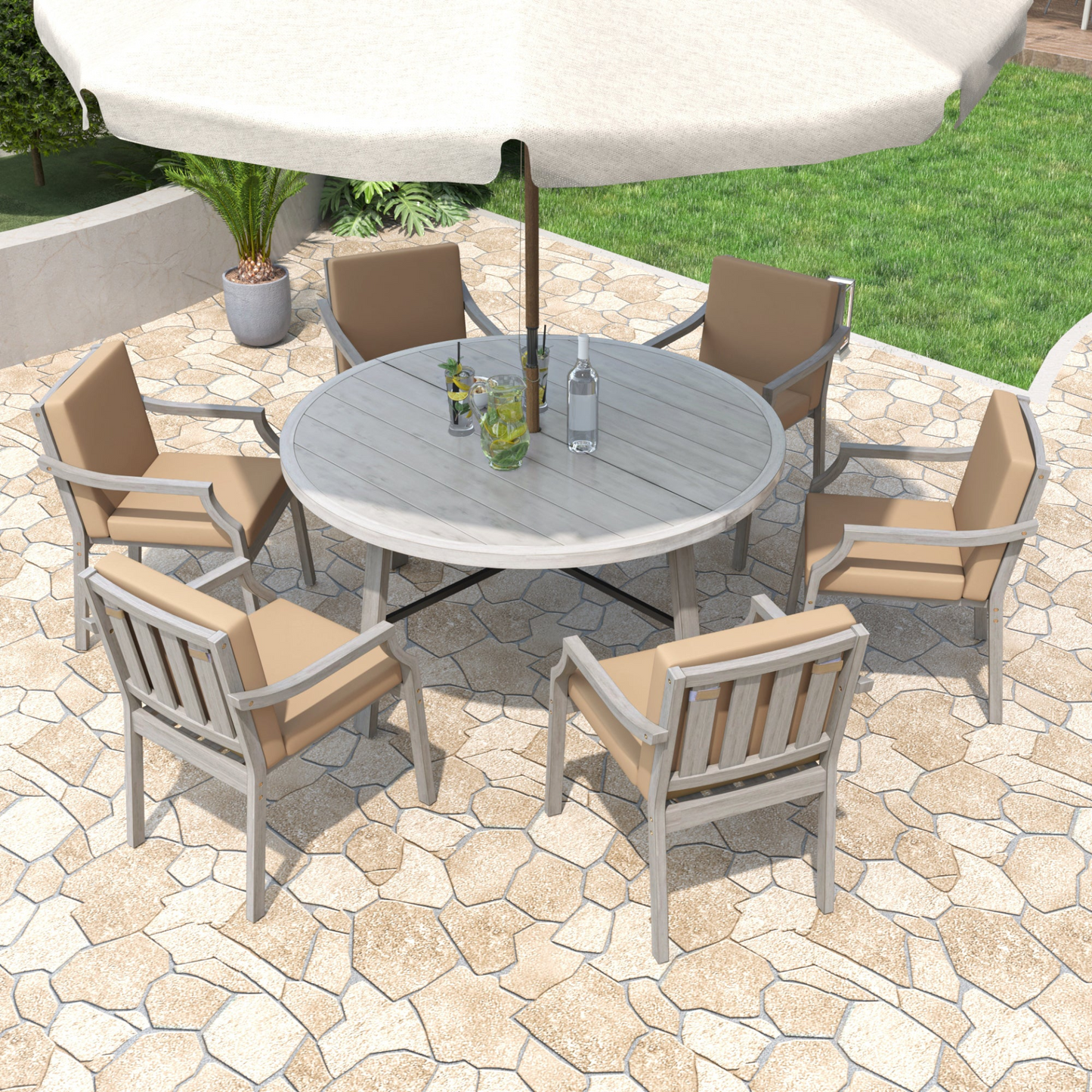 Outdoor Dinning Set 6-Person Outdoor Wooden Dinning Set with an Umbrella Hole and Removable Cushions, Antique Gray