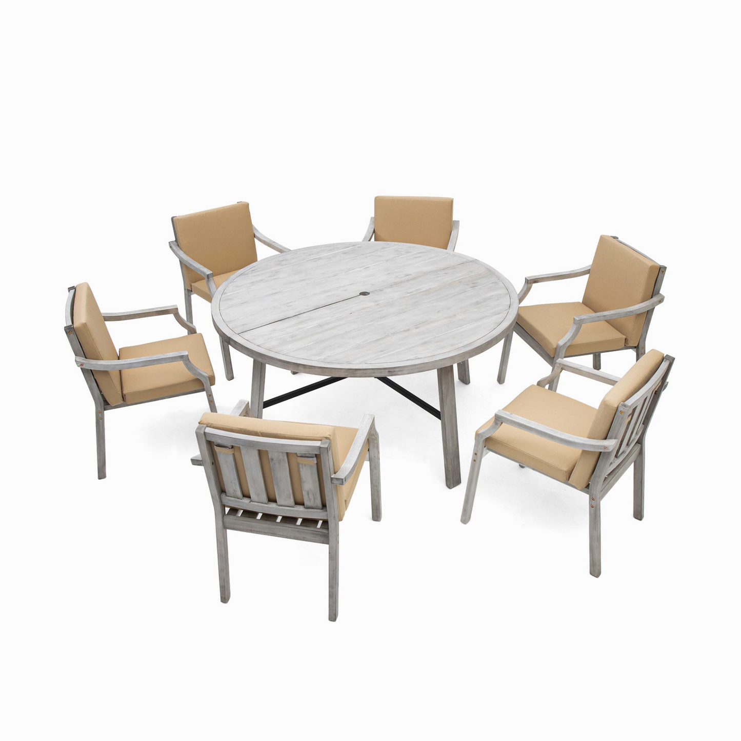 Outdoor Dinning Set 6-Person Outdoor Wooden Dinning Set with an Umbrella Hole and Removable Cushions, Antique Gray