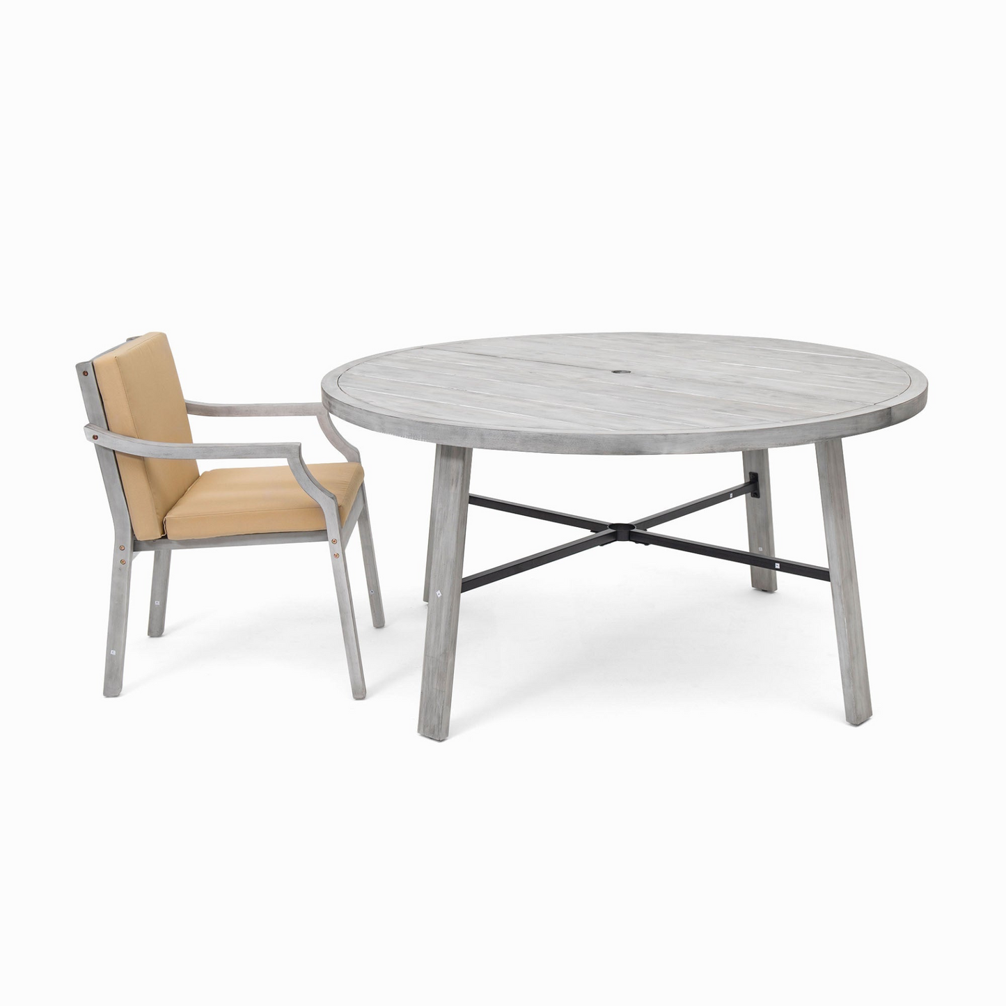Outdoor Dinning Set 6-Person Outdoor Wooden Dinning Set with an Umbrella Hole and Removable Cushions, Antique Gray
