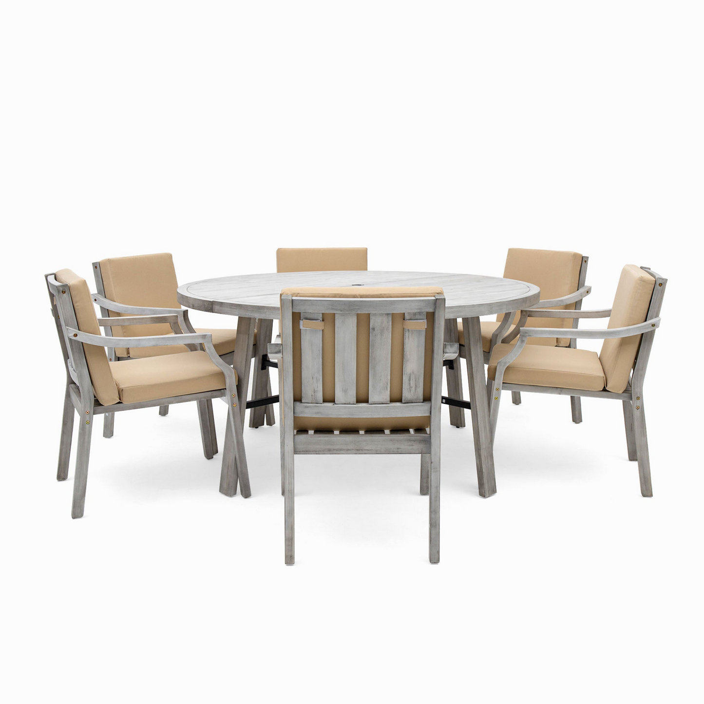 Outdoor Dinning Set 6-Person Outdoor Wooden Dinning Set with an Umbrella Hole and Removable Cushions, Antique Gray