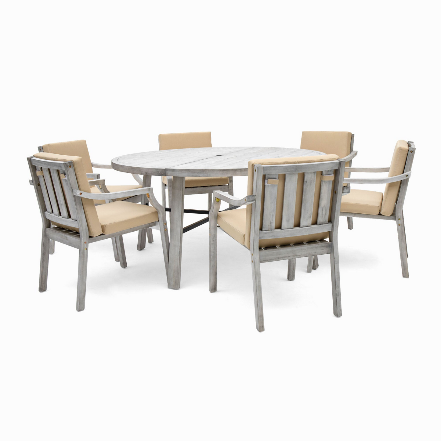 Outdoor Dinning Set 6-Person Outdoor Wooden Dinning Set with an Umbrella Hole and Removable Cushions, Antique Gray