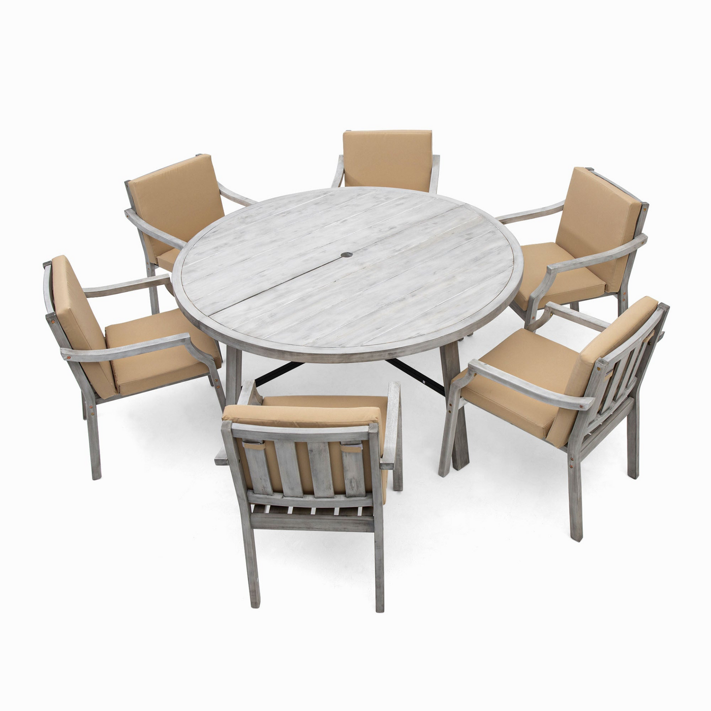 Outdoor Dinning Set 6-Person Outdoor Wooden Dinning Set with an Umbrella Hole and Removable Cushions, Antique Gray