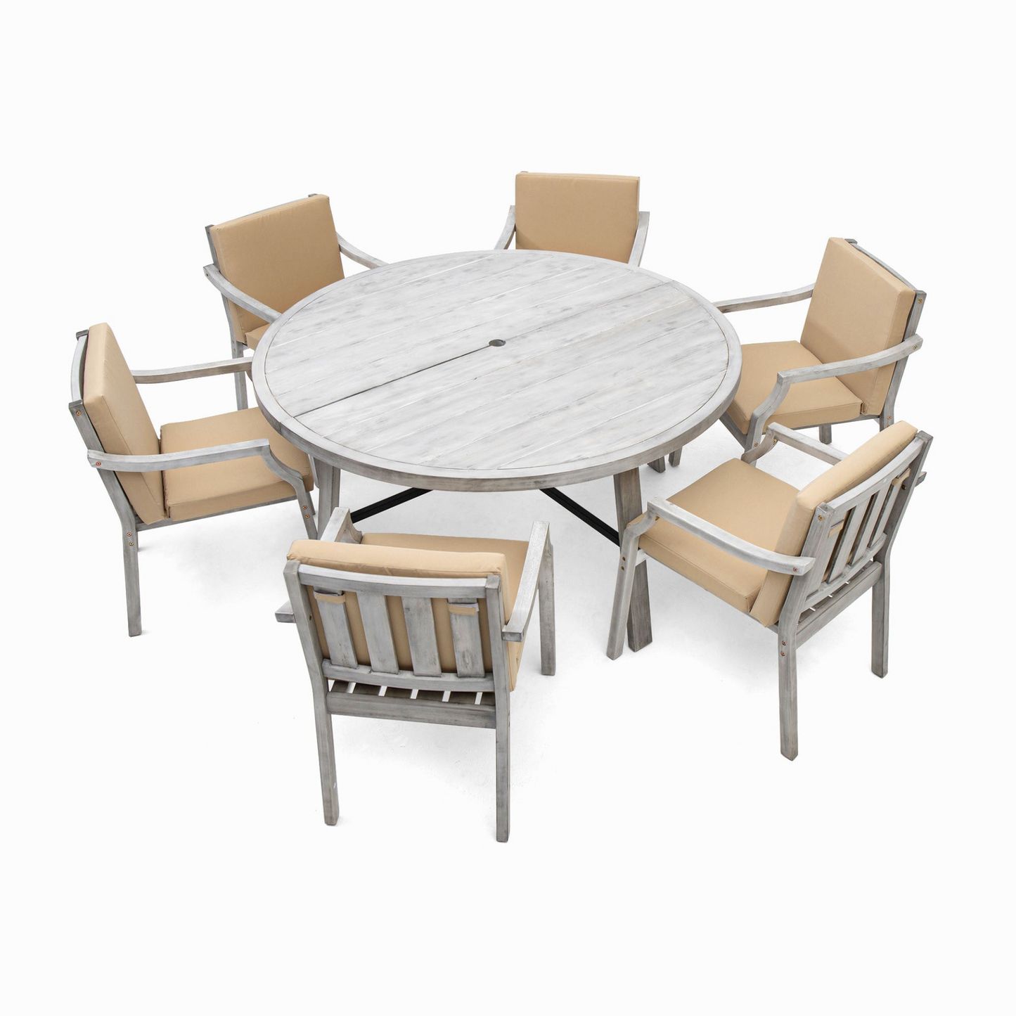 Outdoor Dinning Set 6-Person Outdoor Wooden Dinning Set with an Umbrella Hole and Removable Cushions, Antique Gray