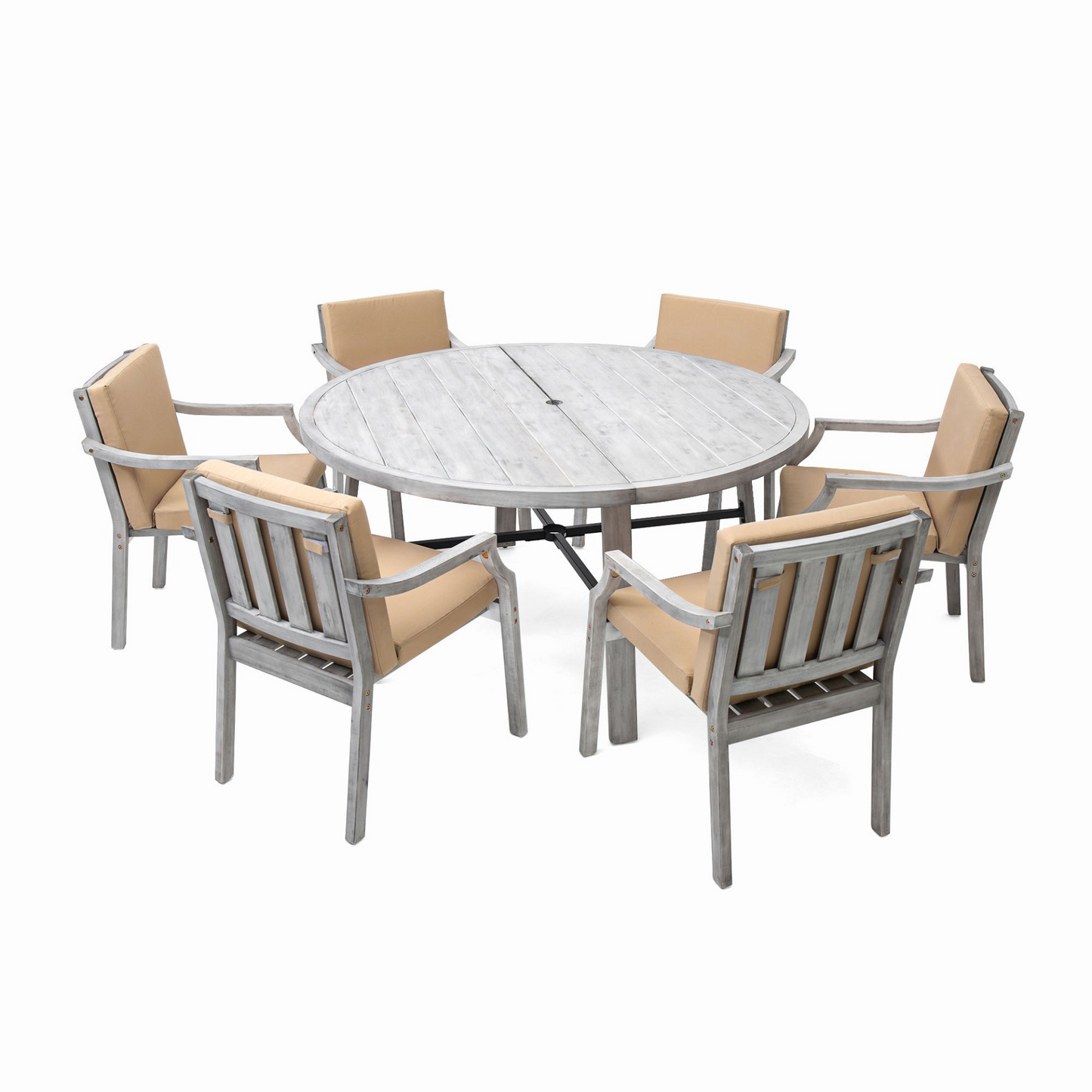Outdoor Dinning Set 6-Person Outdoor Wooden Dinning Set with an Umbrella Hole and Removable Cushions, Antique Gray