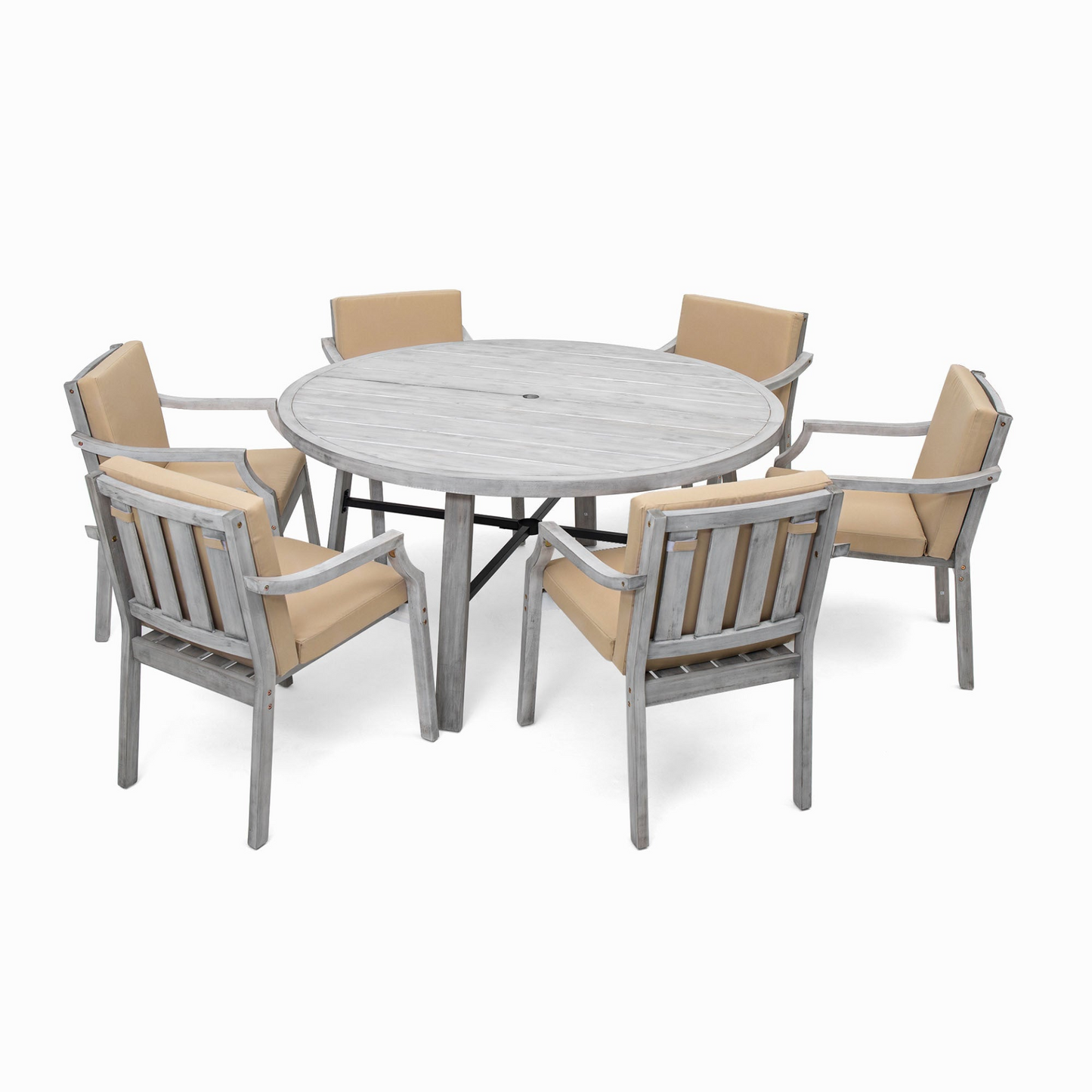 Outdoor Dinning Set 6-Person Outdoor Wooden Dinning Set with an Umbrella Hole and Removable Cushions, Antique Gray