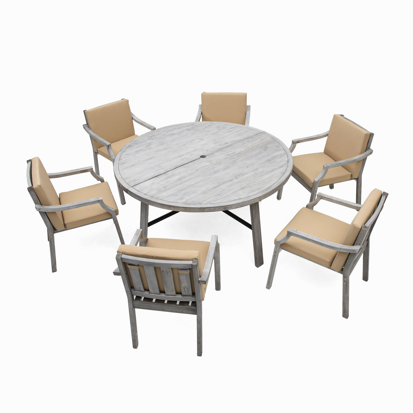 Outdoor Dinning Set 6-Person Outdoor Wooden Dinning Set with an Umbrella Hole and Removable Cushions, Antique Gray