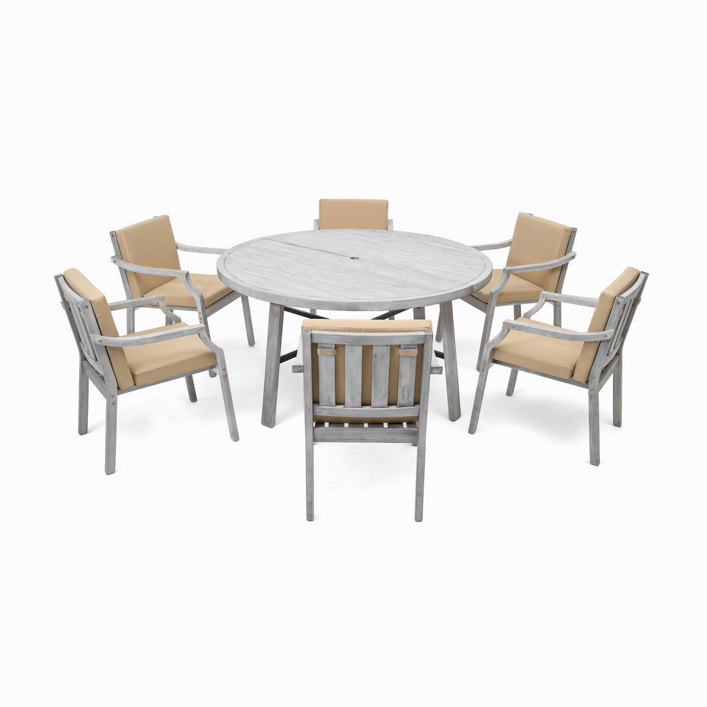 Outdoor Dinning Set 6-Person Outdoor Wooden Dinning Set with an Umbrella Hole and Removable Cushions, Antique Gray