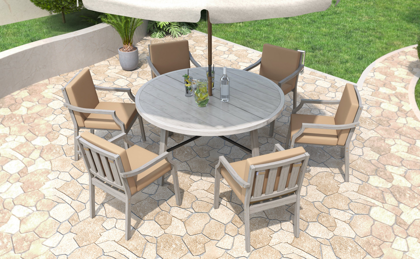 Outdoor Dinning Set 6-Person Outdoor Wooden Dinning Set with an Umbrella Hole and Removable Cushions, Antique Gray