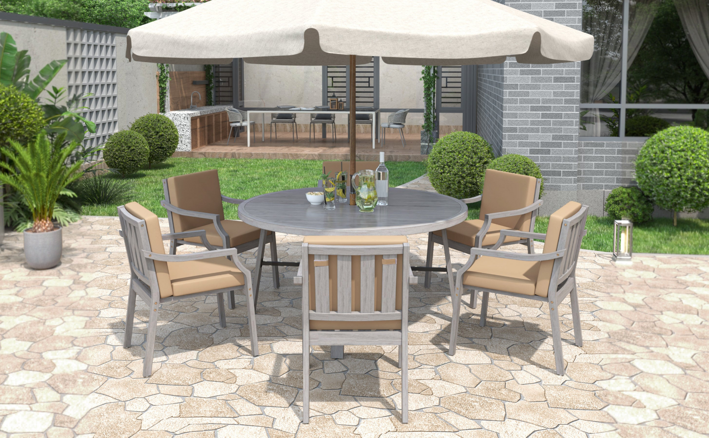 Outdoor Dinning Set 6-Person Outdoor Wooden Dinning Set with an Umbrella Hole and Removable Cushions, Antique Gray