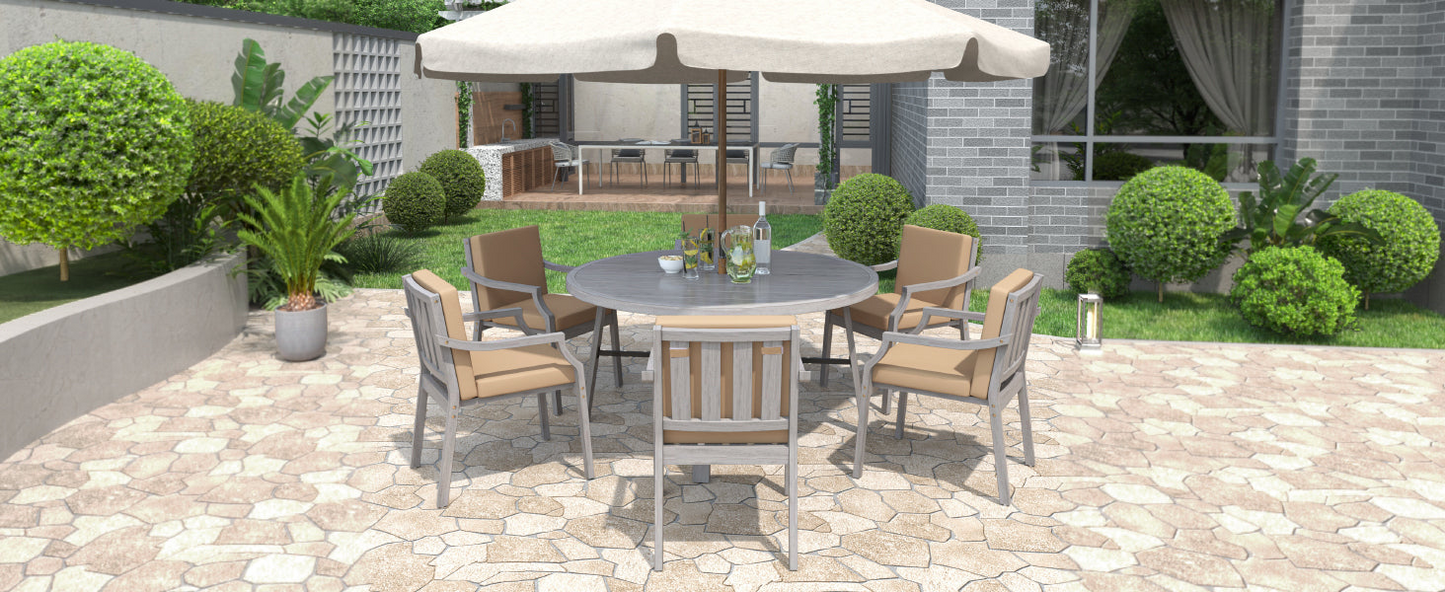 Outdoor Dinning Set 6-Person Outdoor Wooden Dinning Set with an Umbrella Hole and Removable Cushions, Antique Gray