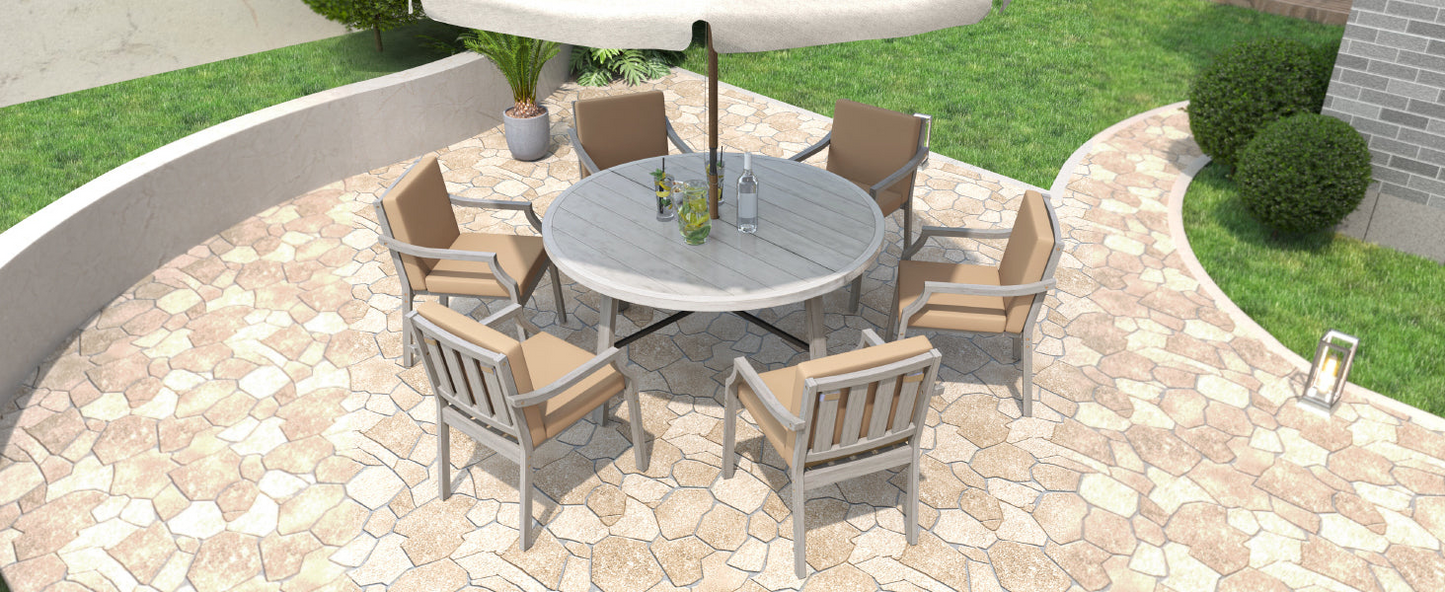 Outdoor Dinning Set 6-Person Outdoor Wooden Dinning Set with an Umbrella Hole and Removable Cushions, Antique Gray