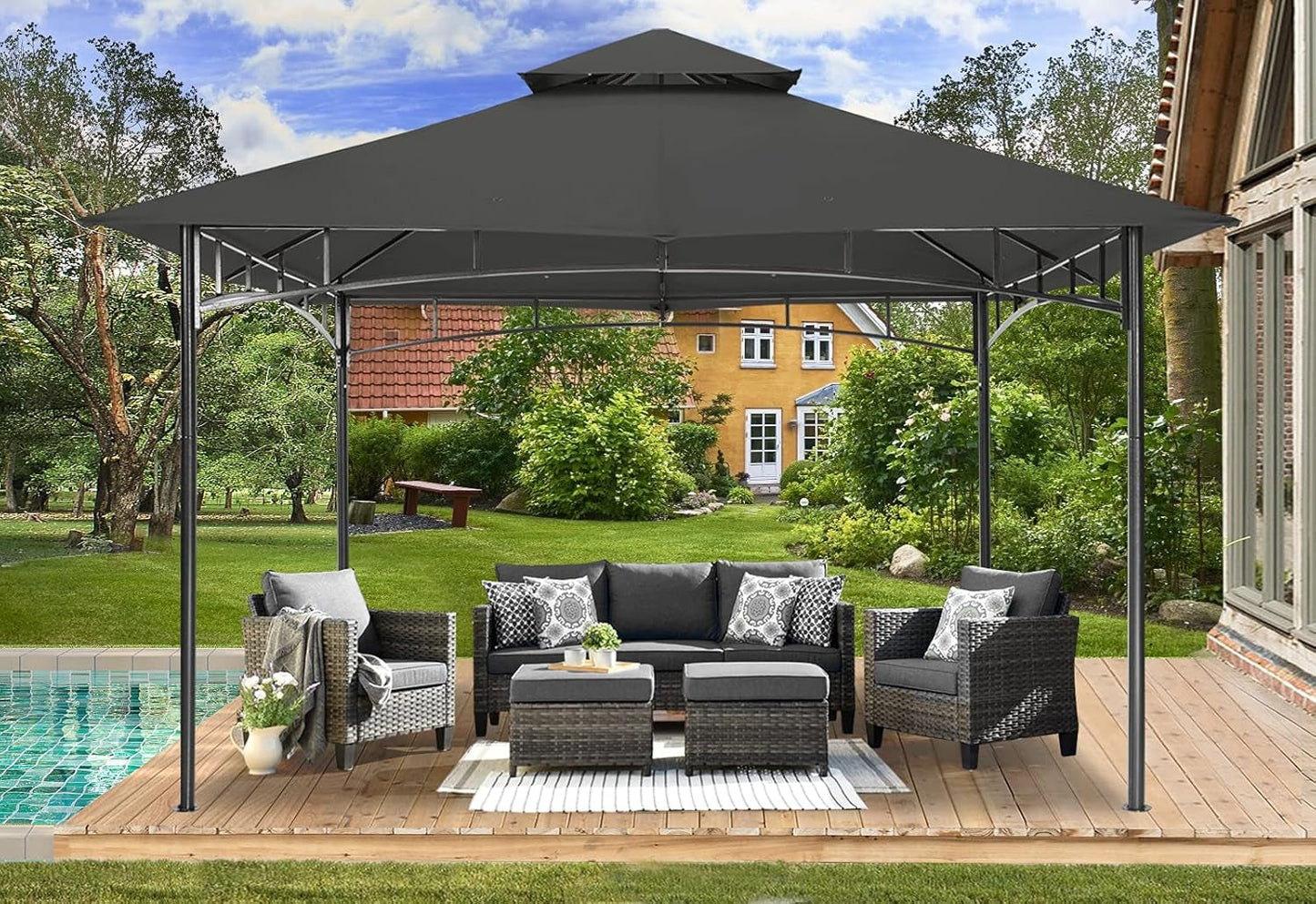 Outdoor Garden Gazebo for Patios with Stable Steel Frame(11X11, Dark
