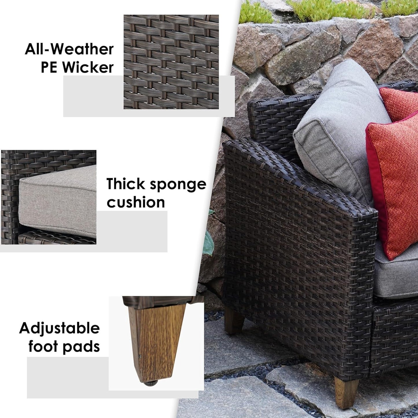 Sofa Sets Outdoor Furniture Sets, PE Wicker Patio Furniture Sectional Sofa with Thick Olefin Cushions for Yard Garden Porch(Brown Sofa Set for Six, 7 PCS)