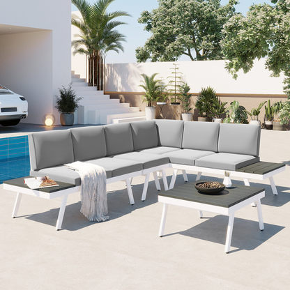 Industrial 5-Piece Aluminum Outdoor Patio Furniture Set, Modern Garden Sectional Sofa Set with End Tables, Coffee Table and Furniture Clips for Backyard, White+Grey