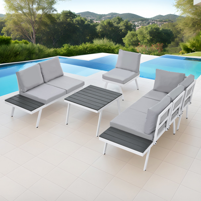 Industrial 5-Piece Aluminum Outdoor Patio Furniture Set, Modern Garden Sectional Sofa Set with End Tables, Coffee Table and Furniture Clips for Backyard, White+Grey