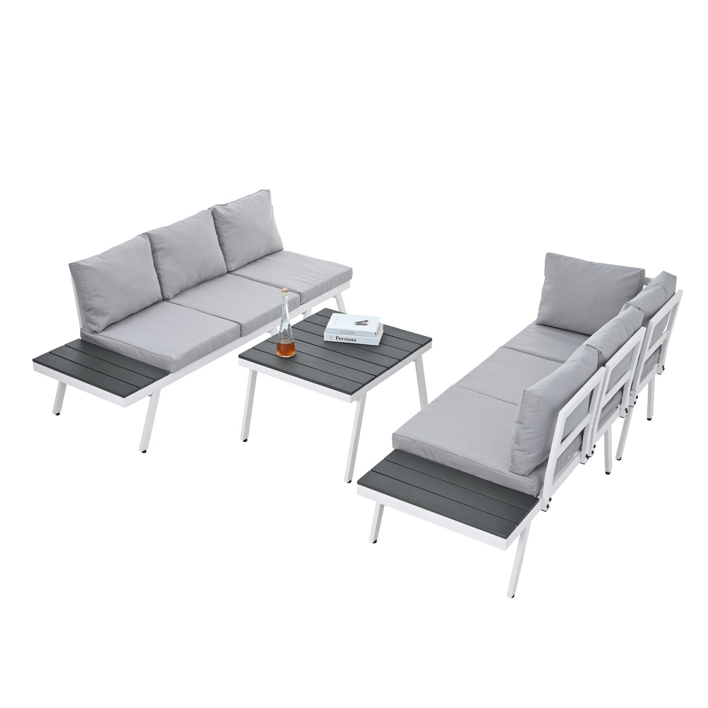 Industrial 5-Piece Aluminum Outdoor Patio Furniture Set, Modern Garden Sectional Sofa Set with End Tables, Coffee Table and Furniture Clips for Backyard, White+Grey