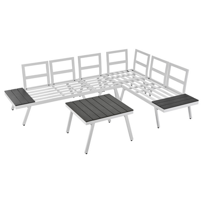 Industrial 5-Piece Aluminum Outdoor Patio Furniture Set, Modern Garden Sectional Sofa Set with End Tables, Coffee Table and Furniture Clips for Backyard, White+Grey