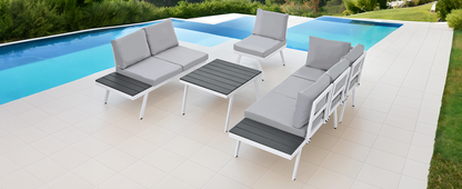 Industrial 5-Piece Aluminum Outdoor Patio Furniture Set, Modern Garden Sectional Sofa Set with End Tables, Coffee Table and Furniture Clips for Backyard, White+Grey