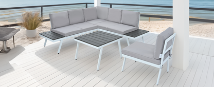 Industrial 5-Piece Aluminum Outdoor Patio Furniture Set, Modern Garden Sectional Sofa Set with End Tables, Coffee Table and Furniture Clips for Backyard, White+Grey