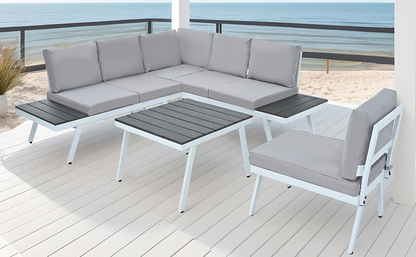 Industrial 5-Piece Aluminum Outdoor Patio Furniture Set, Modern Garden Sectional Sofa Set with End Tables, Coffee Table and Furniture Clips for Backyard, White+Grey