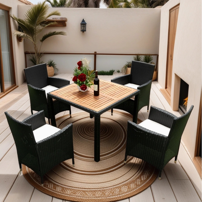 5 piece Outdoor Patio Wicker Dining Set Patio Wicker Furniture Dining Set w/Acacia Wood Top Black Wicker + Creme Cushion