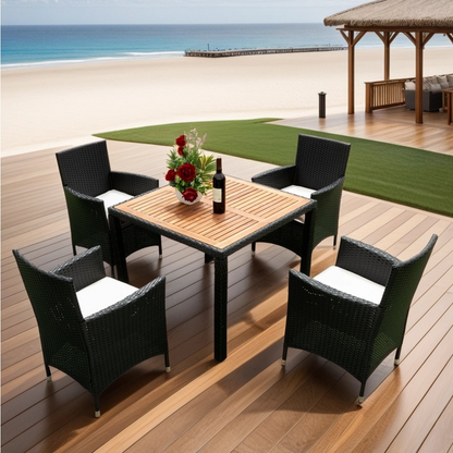 5 piece Outdoor Patio Wicker Dining Set Patio Wicker Furniture Dining Set w/Acacia Wood Top Black Wicker + Creme Cushion