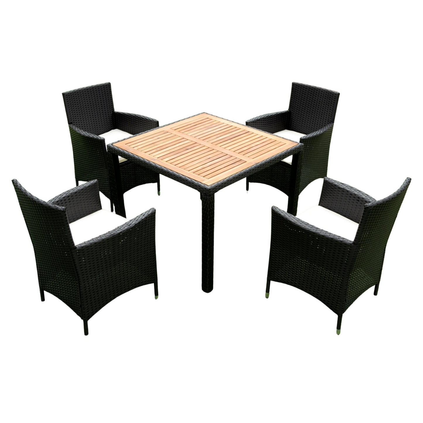 5 piece Outdoor Patio Wicker Dining Set Patio Wicker Furniture Dining Set w/Acacia Wood Top Black Wicker + Creme Cushion