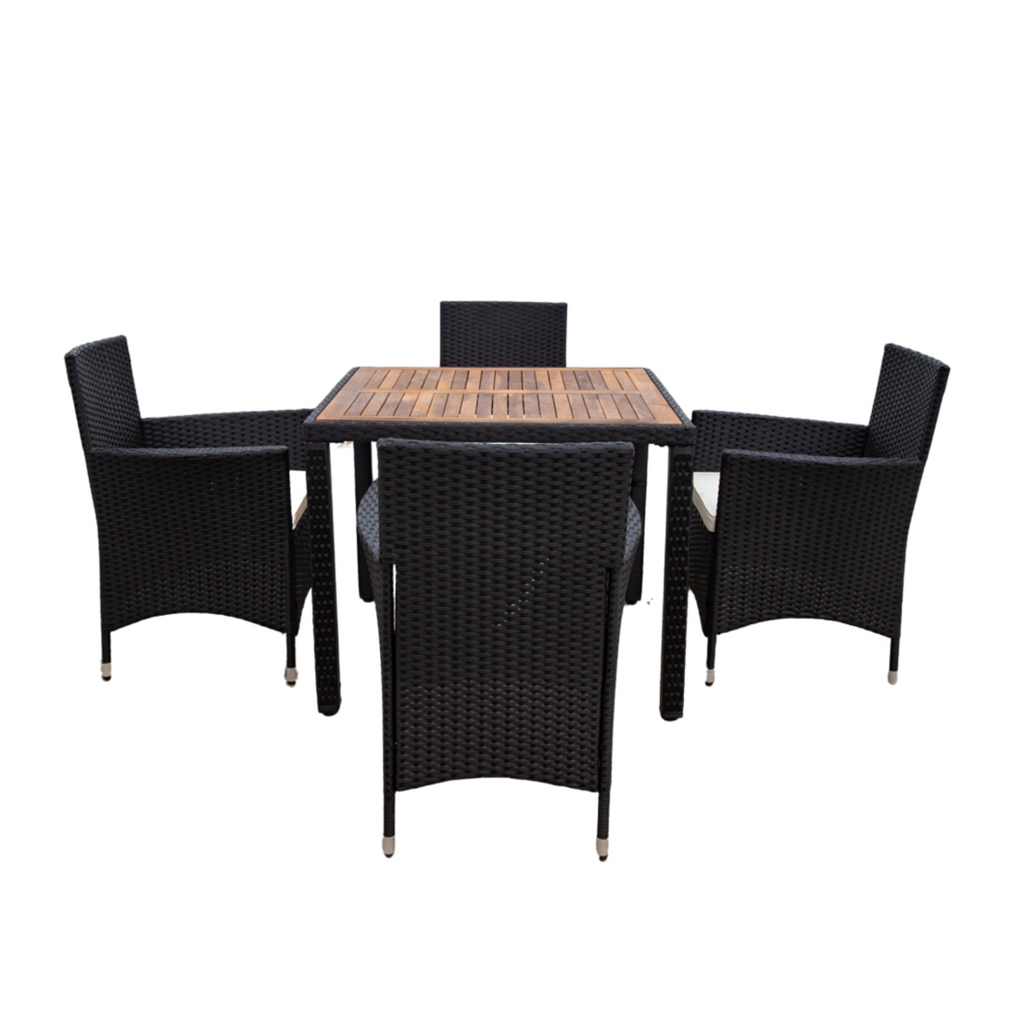 5 piece Outdoor Patio Wicker Dining Set Patio Wicker Furniture Dining Set w/Acacia Wood Top Black Wicker + Creme Cushion