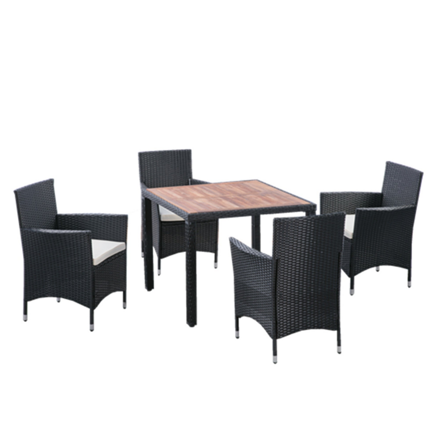 5 piece Outdoor Patio Wicker Dining Set Patio Wicker Furniture Dining Set w/Acacia Wood Top Black Wicker + Creme Cushion