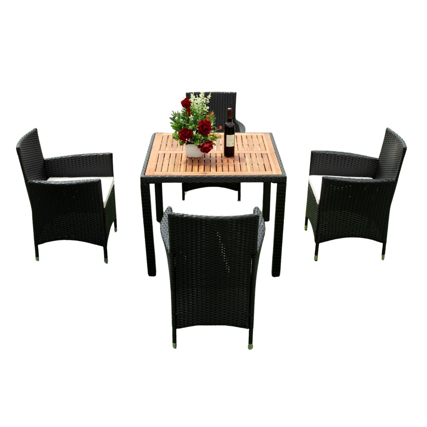 5 piece Outdoor Patio Wicker Dining Set Patio Wicker Furniture Dining Set w/Acacia Wood Top Black Wicker + Creme Cushion