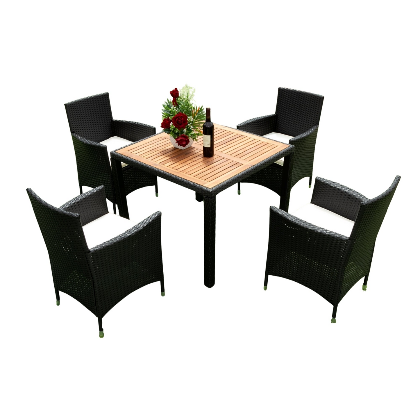 5 piece Outdoor Patio Wicker Dining Set Patio Wicker Furniture Dining Set w/Acacia Wood Top Black Wicker + Creme Cushion