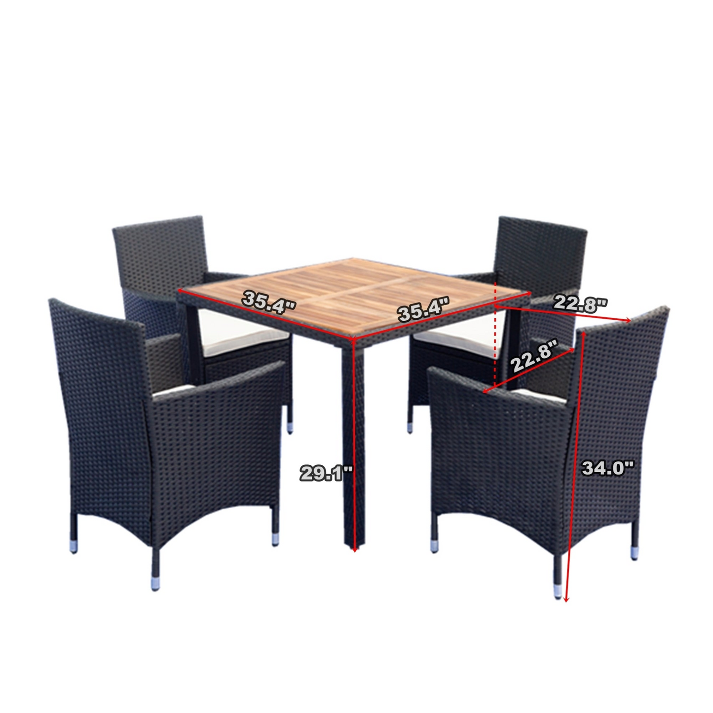 5 piece Outdoor Patio Wicker Dining Set Patio Wicker Furniture Dining Set w/Acacia Wood Top Black Wicker + Creme Cushion