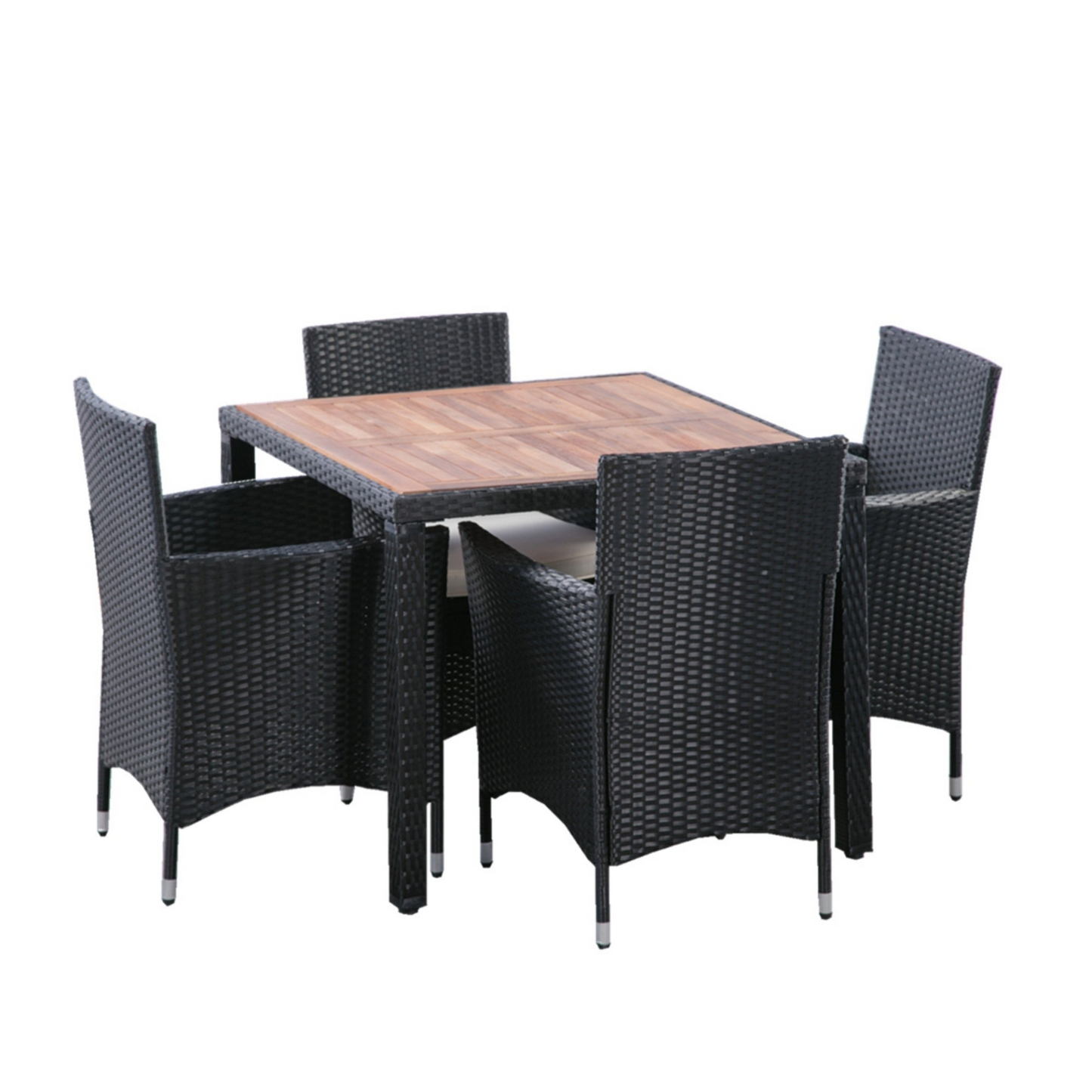 5 piece Outdoor Patio Wicker Dining Set Patio Wicker Furniture Dining Set w/Acacia Wood Top Black Wicker + Creme Cushion