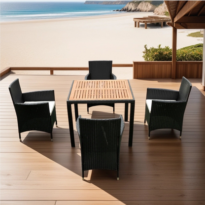 5 piece Outdoor Patio Wicker Dining Set Patio Wicker Furniture Dining Set w/Acacia Wood Top Black Wicker + Creme Cushion