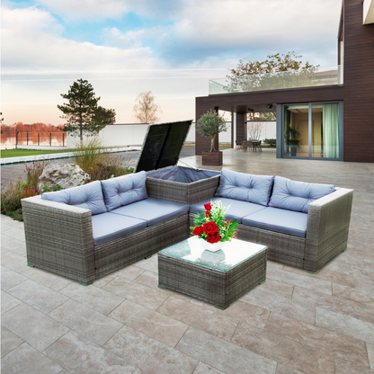 4 Piece Patio Sectional Wicker Rattan Outdoor Furniture Sofa Set with Storage Box Grey