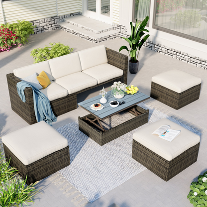 Patio Furniture Sets, 5-Piece Patio Wicker Sofa with Adustable Backrest, Cushions, Ottomans and Lift Top Coffee Table