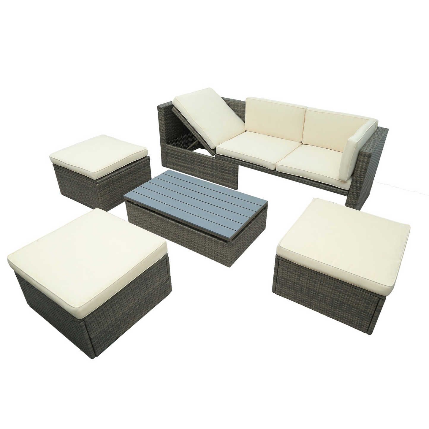 Patio Furniture Sets, 5-Piece Patio Wicker Sofa with Adustable Backrest, Cushions, Ottomans and Lift Top Coffee Table