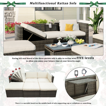 Patio Furniture Sets, 5-Piece Patio Wicker Sofa with Adustable Backrest, Cushions, Ottomans and Lift Top Coffee Table