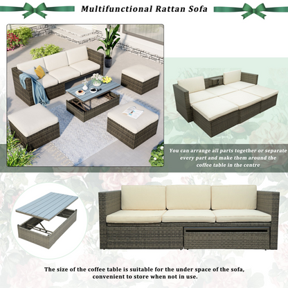 Patio Furniture Sets, 5-Piece Patio Wicker Sofa with Adustable Backrest, Cushions, Ottomans and Lift Top Coffee Table