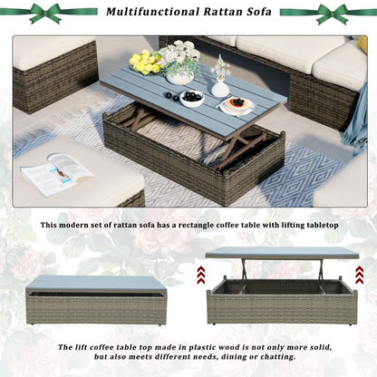 Patio Furniture Sets, 5-Piece Patio Wicker Sofa with Adustable Backrest, Cushions, Ottomans and Lift Top Coffee Table