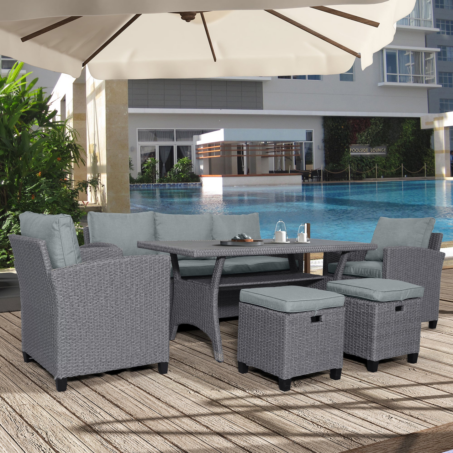 6-Piece Outdoor Rattan Wicker Set Patio Garden Backyard Sofa, Chair, Stools and Table(Gray Rattan+Gray Cushion)