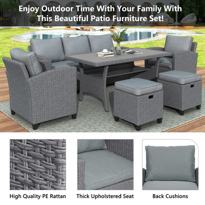 6-Piece Outdoor Rattan Wicker Set Patio Garden Backyard Sofa, Chair, Stools and Table(Gray Rattan+Gray Cushion)