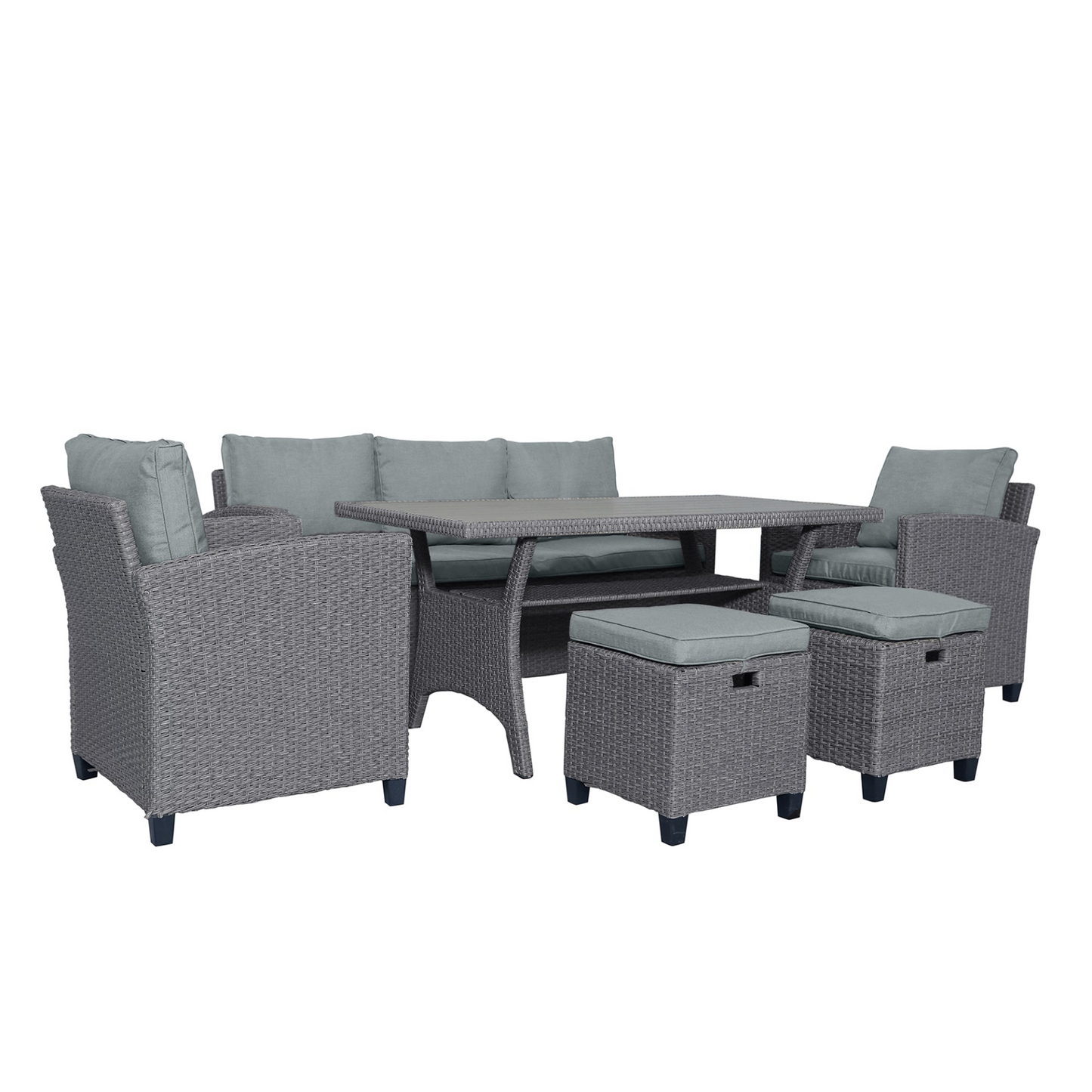 6-Piece Outdoor Rattan Wicker Set Patio Garden Backyard Sofa, Chair, Stools and Table(Gray Rattan+Gray Cushion)