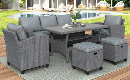 6-Piece Outdoor Rattan Wicker Set Patio Garden Backyard Sofa, Chair, Stools and Table(Gray Rattan+Gray Cushion)