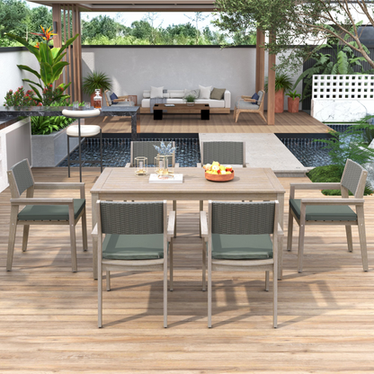 Outdoor Dining Set Patio Dining table and Chairs with Rattan Backrest  and Removable Cushions for Patio and Backyard, White Washed