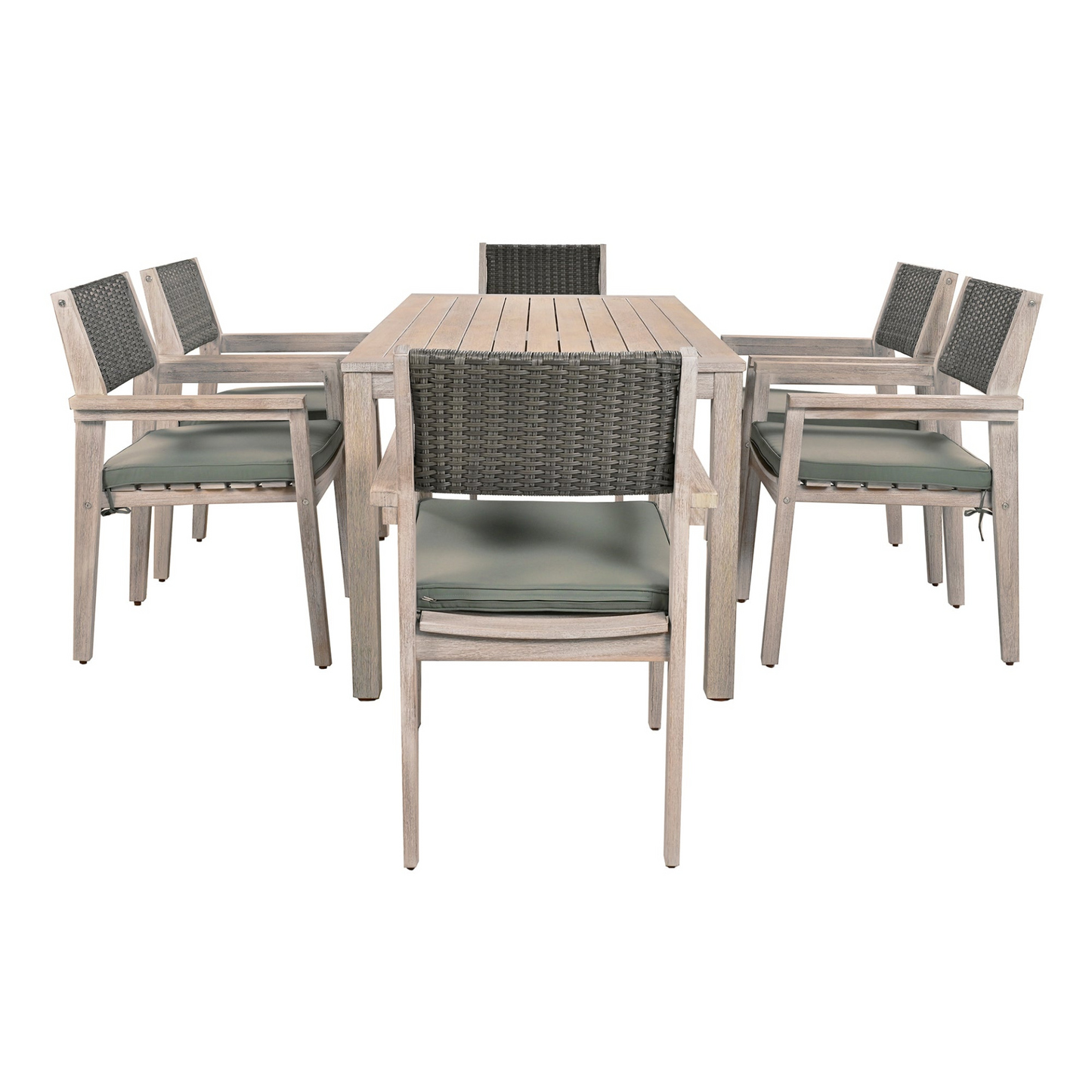 Outdoor Dining Set Patio Dining table and Chairs with Rattan Backrest  and Removable Cushions for Patio and Backyard, White Washed